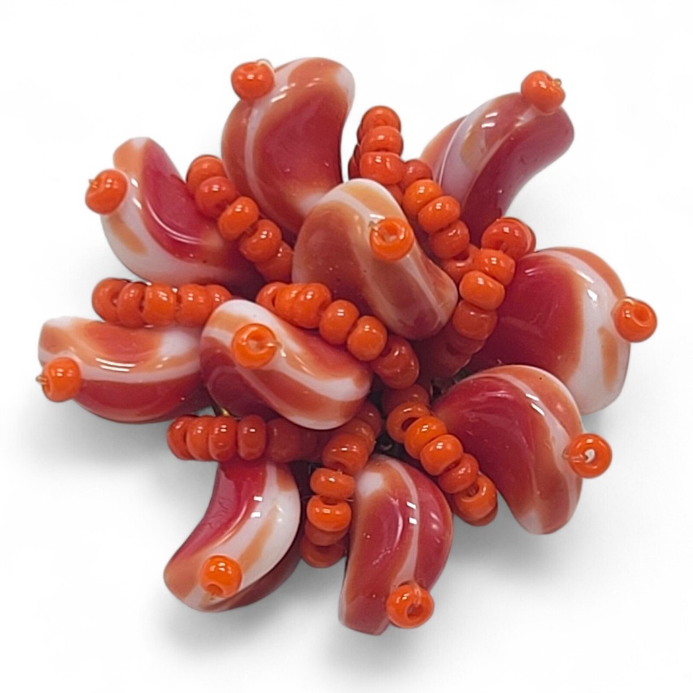 Vintage Orange Art Glass Brooch Cluster Beaded Gold Tone Pin Estate Jewelry